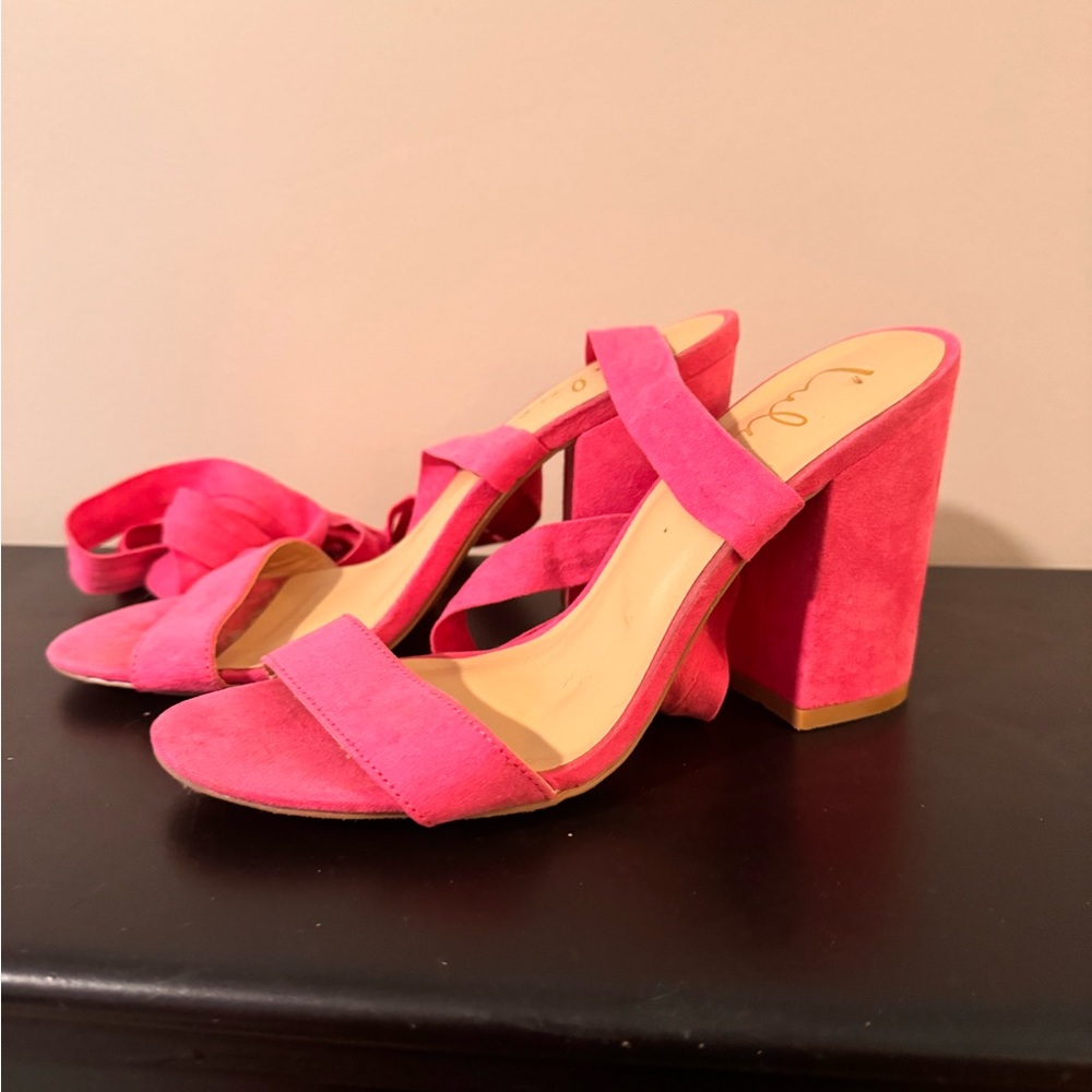 Lulu's Hot Pink Suede Block Heel Sandals